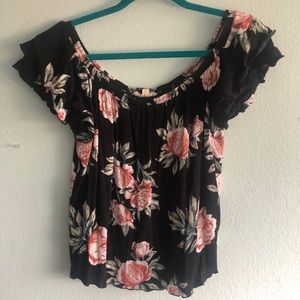 Black floral off the shoulder short sleeve top